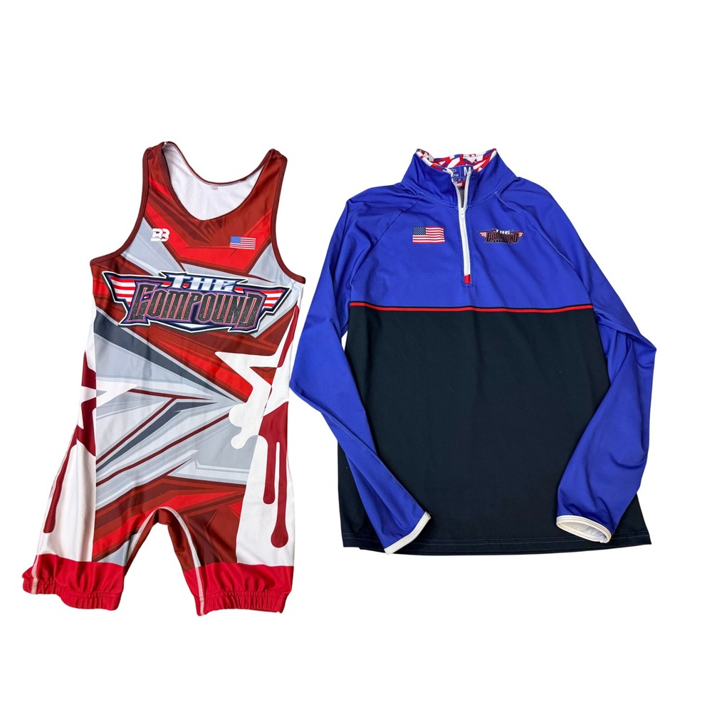 Rudis The Compound Wrestling Singlet and 1/4 Zip Warmup Set Mens Medium USA
